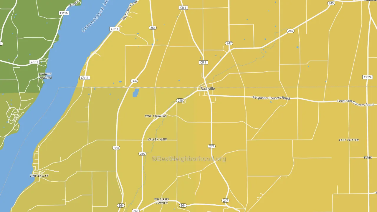 Map of the best neighborhoods in the Rushville area, with better matches in green and worse matches in red