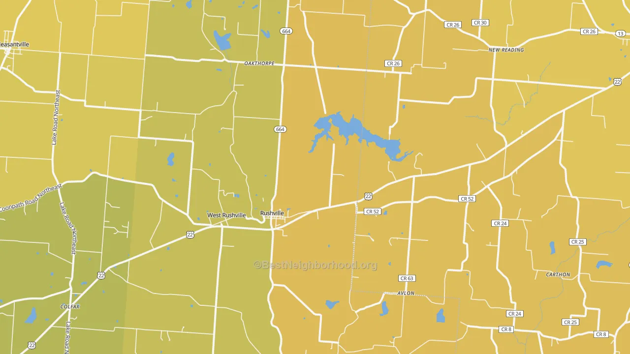 Map of the best neighborhoods in the Rushville area, with better matches in green and worse matches in red