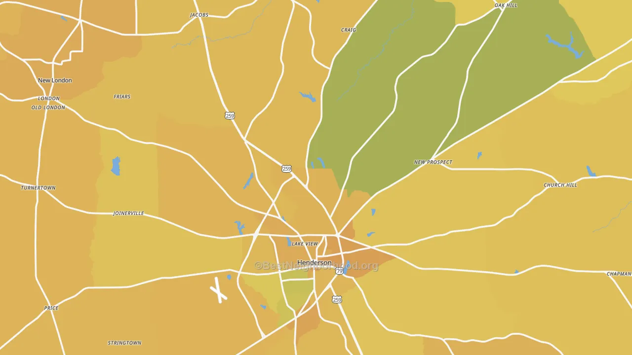 Map of the best neighborhoods in the Rusk County area, with better matches in green and worse matches in red