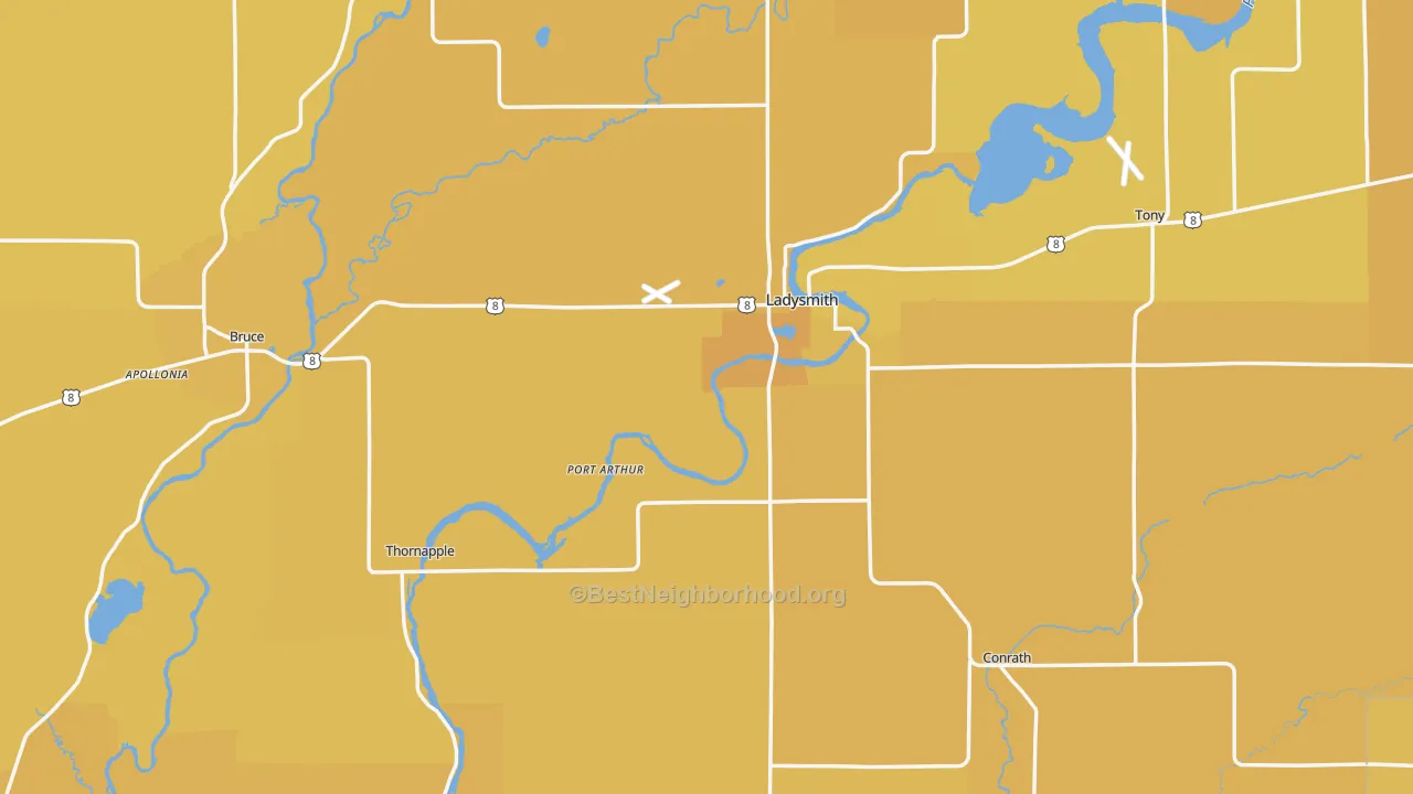 Map of the best neighborhoods in the Rusk County area, with better matches in green and worse matches in red