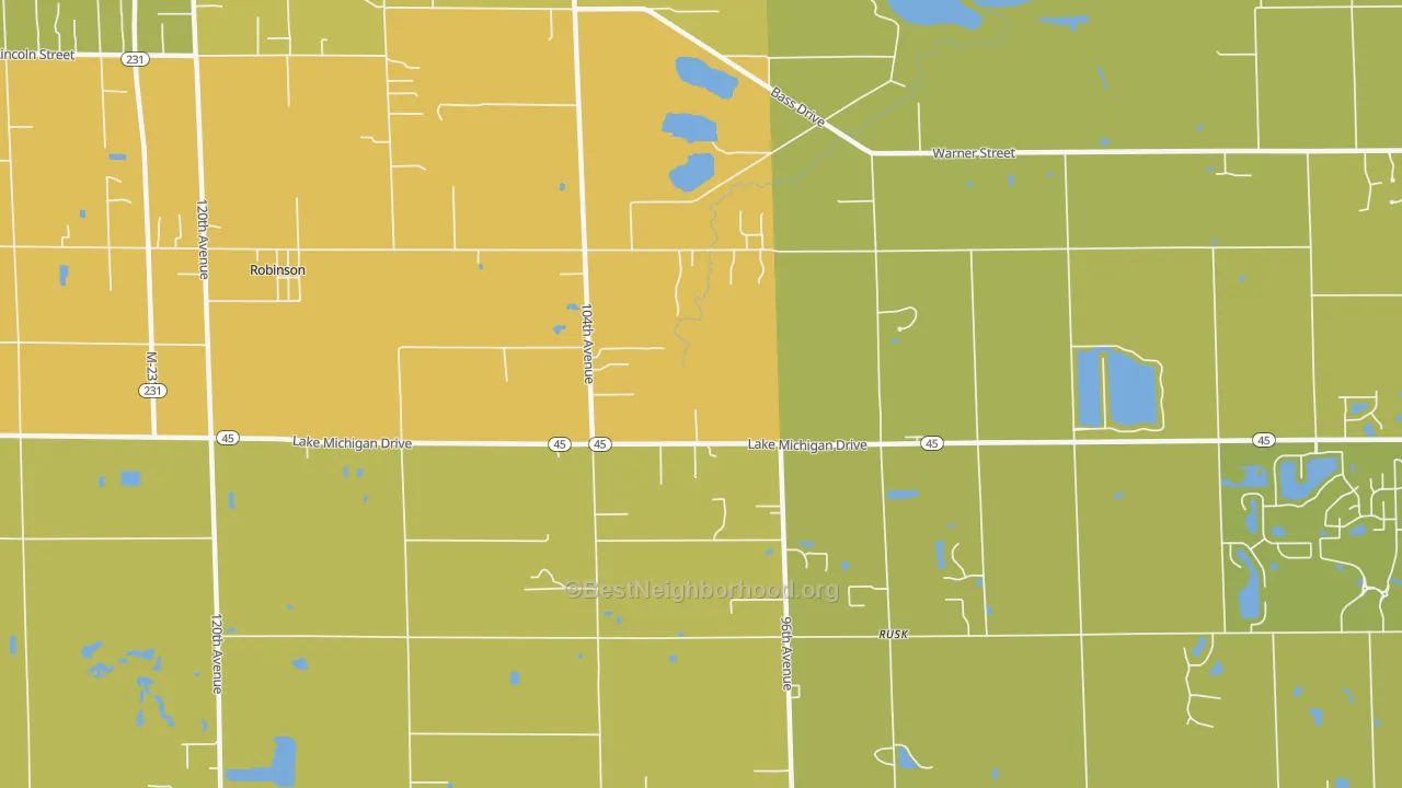 Map of the best neighborhoods in the Rusk area, with better matches in green and worse matches in red
