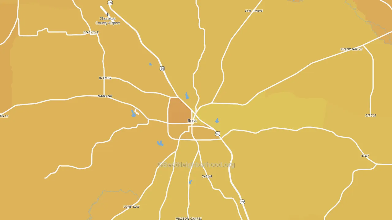 Map of the best neighborhoods in the Rusk area, with better matches in green and worse matches in red