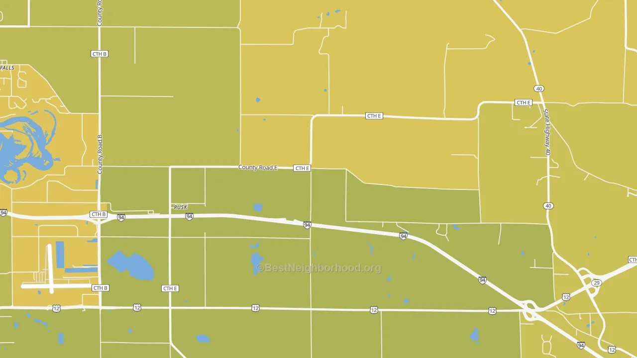 Map of the best neighborhoods in the Rusk area, with better matches in green and worse matches in red