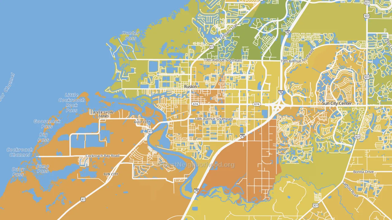 Map of the best neighborhoods in the Ruskin area, with better matches in green and worse matches in red