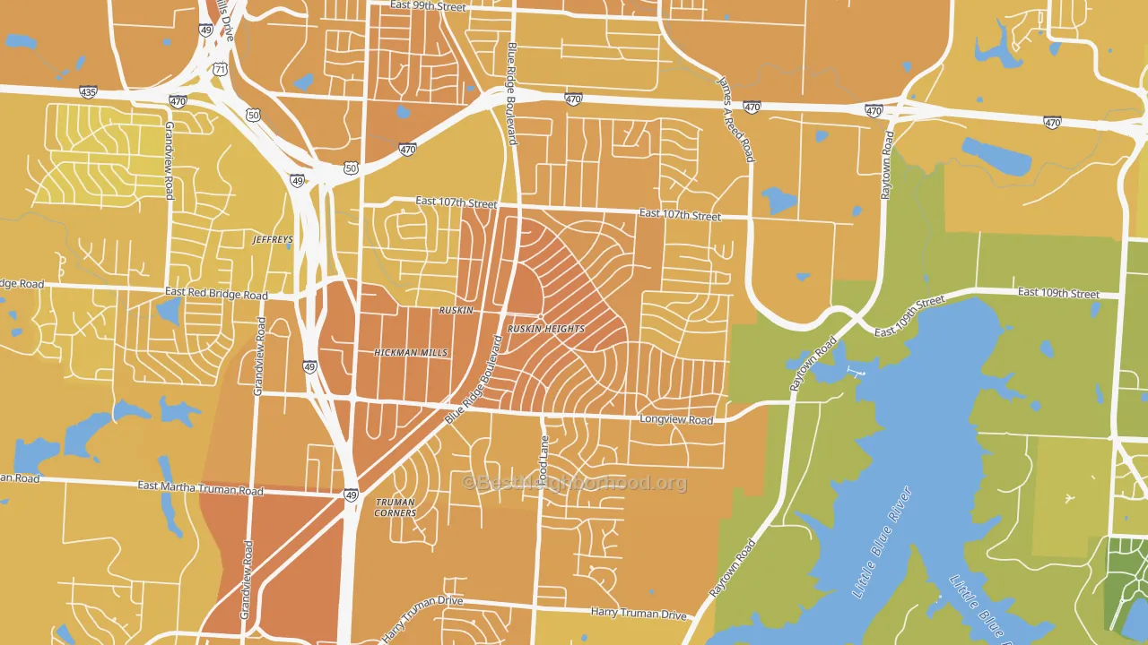Map of the best neighborhoods in the Ruskin Heights, Kansas City area, with better matches in green and worse matches in red