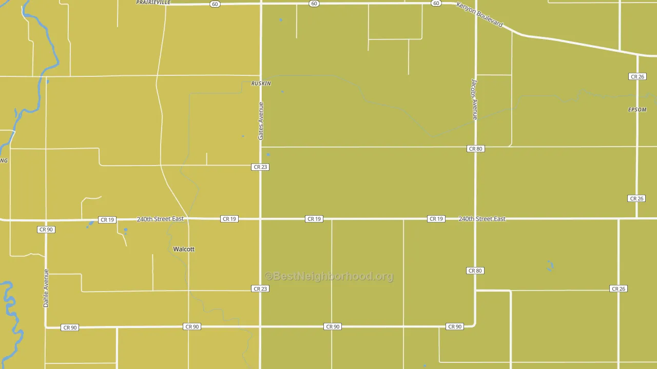 Map of the best neighborhoods in the Ruskin area, with better matches in green and worse matches in red