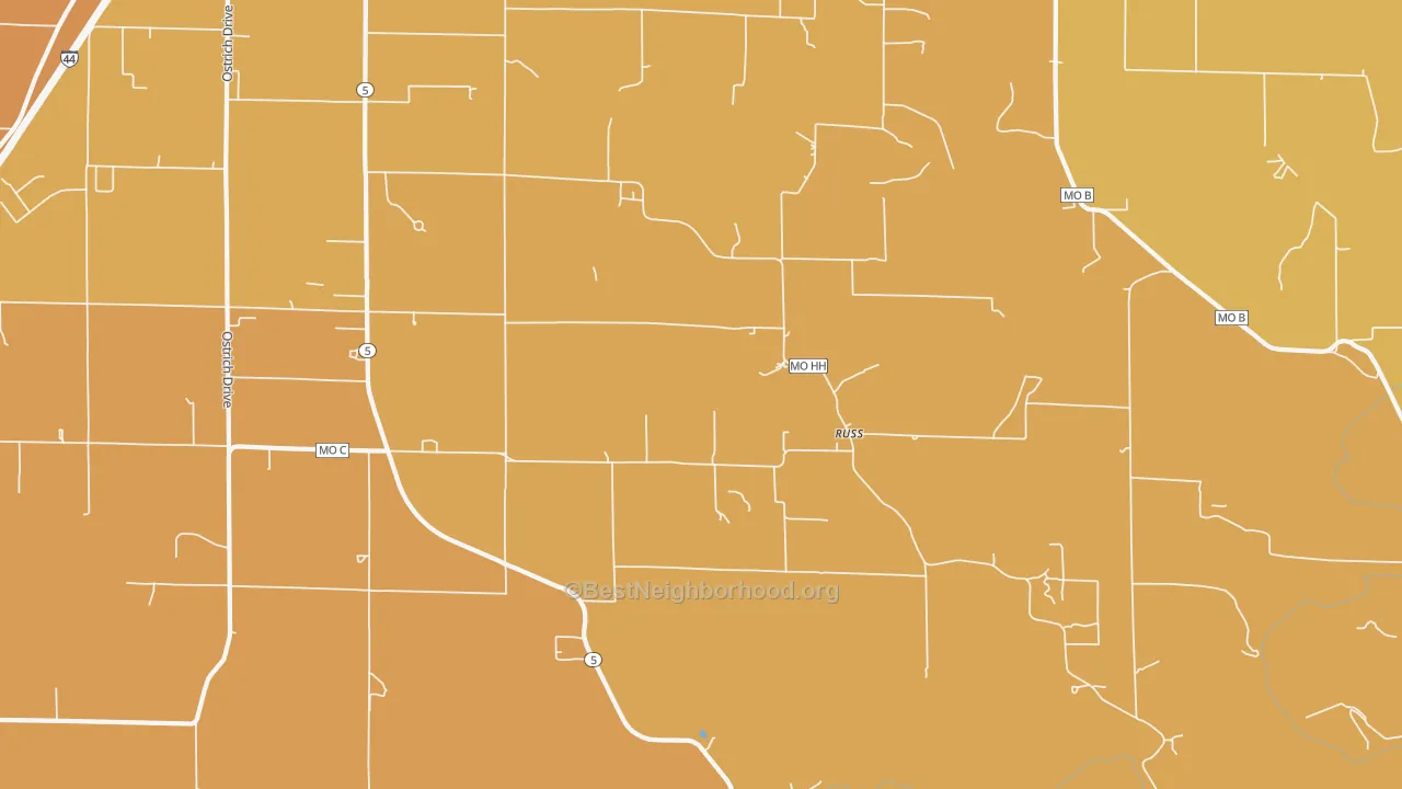 Map of the best neighborhoods in the Russ area, with better matches in green and worse matches in red