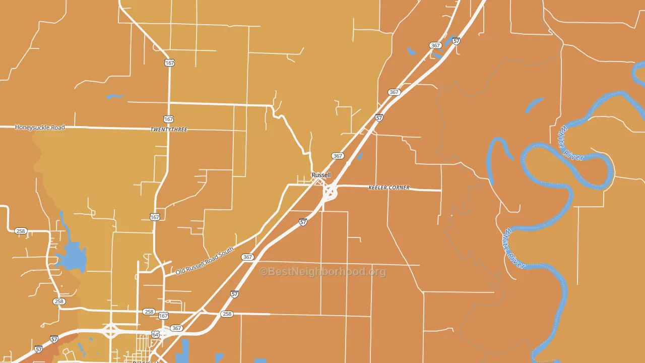 Map of the best neighborhoods in the Russell area, with better matches in green and worse matches in red