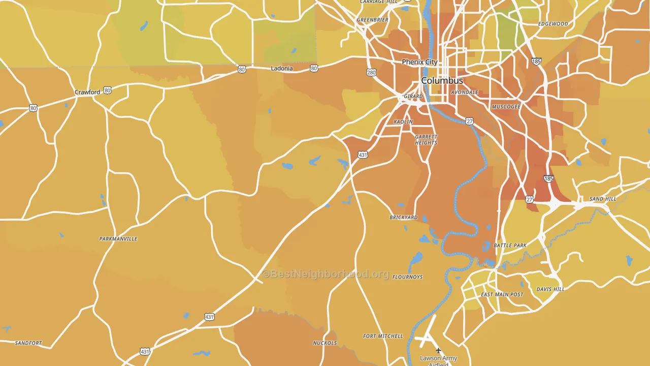 Map of the best neighborhoods in the Russell County area, with better matches in green and worse matches in red