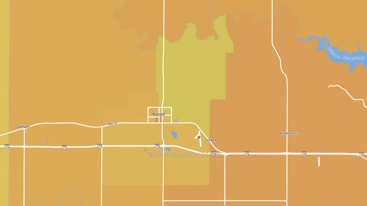 Map of the best neighborhoods in the Russell County area, with better matches in green and worse matches in red