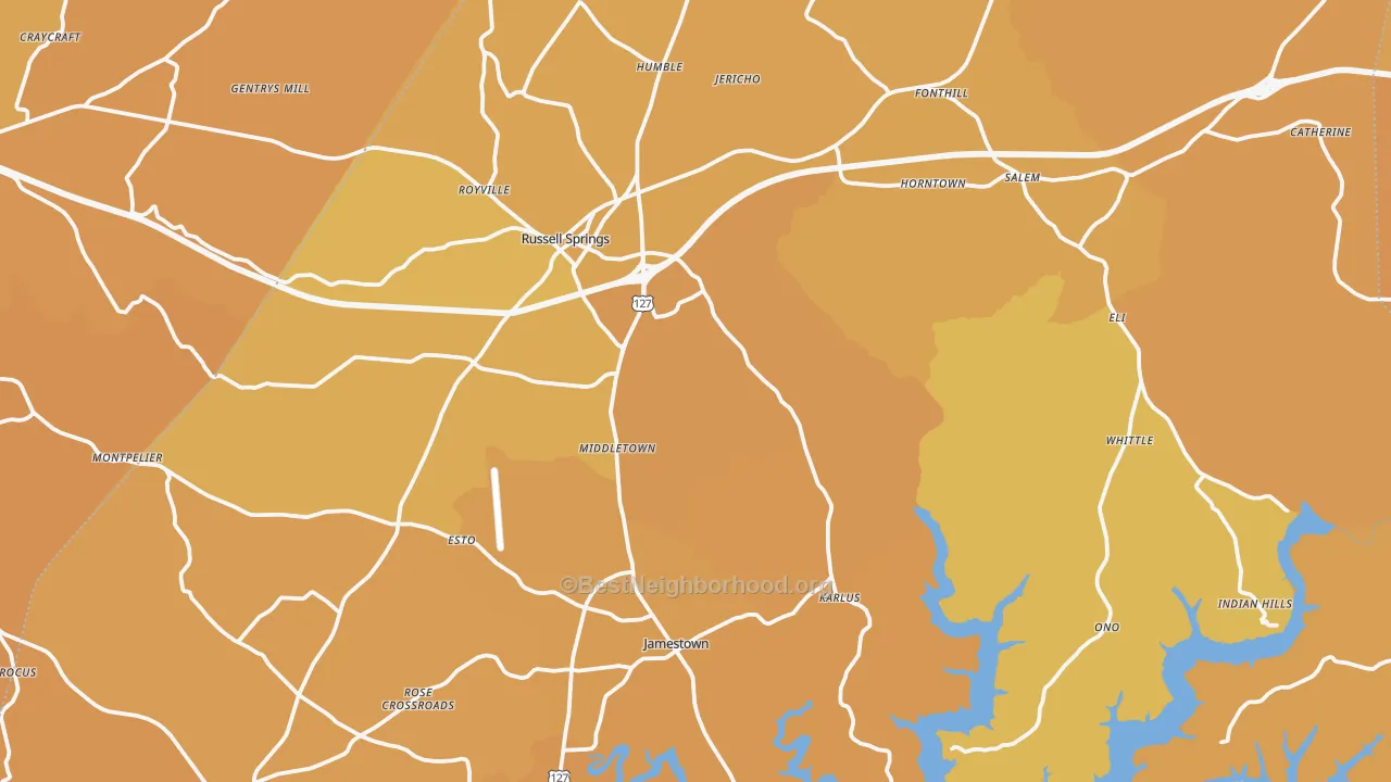 Map of the best neighborhoods in the Russell County area, with better matches in green and worse matches in red