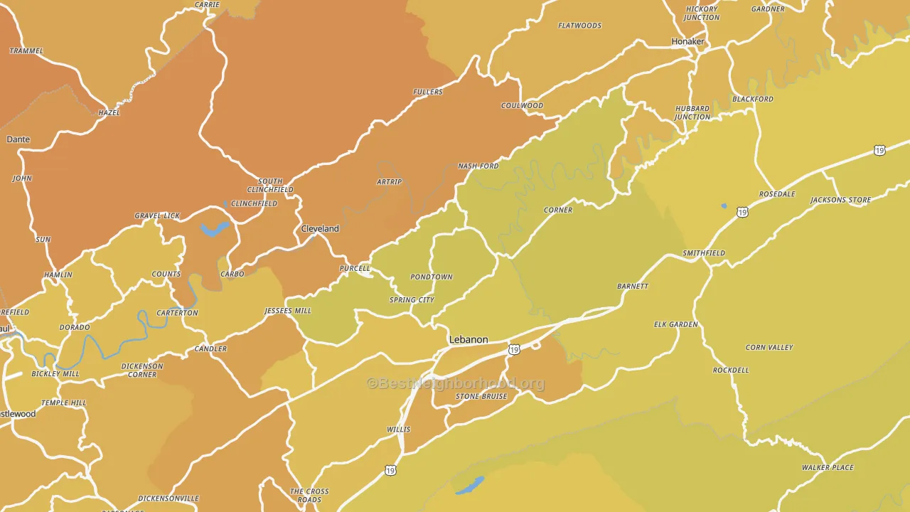Map of the best neighborhoods in the Russell County area, with better matches in green and worse matches in red