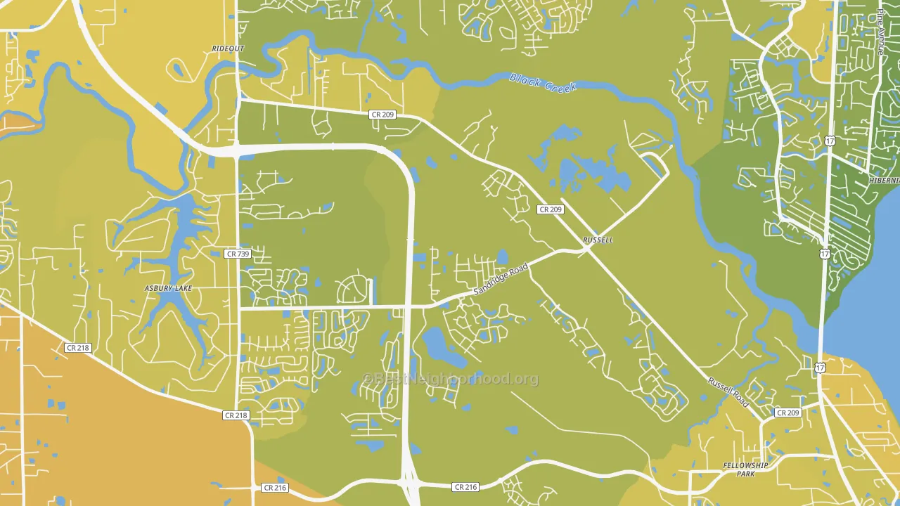 Map of the best neighborhoods in the Russell area, with better matches in green and worse matches in red