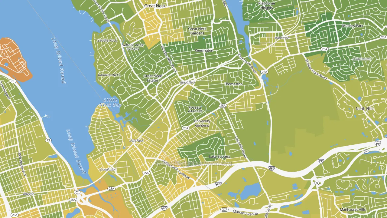 Map of the best neighborhoods in the Russell Gardens area, with better matches in green and worse matches in red
