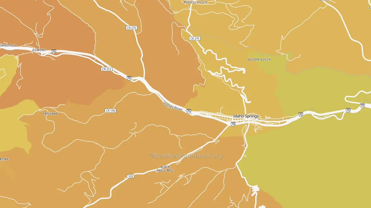 Map of the best neighborhoods in the Russell Gulch area, with better matches in green and worse matches in red