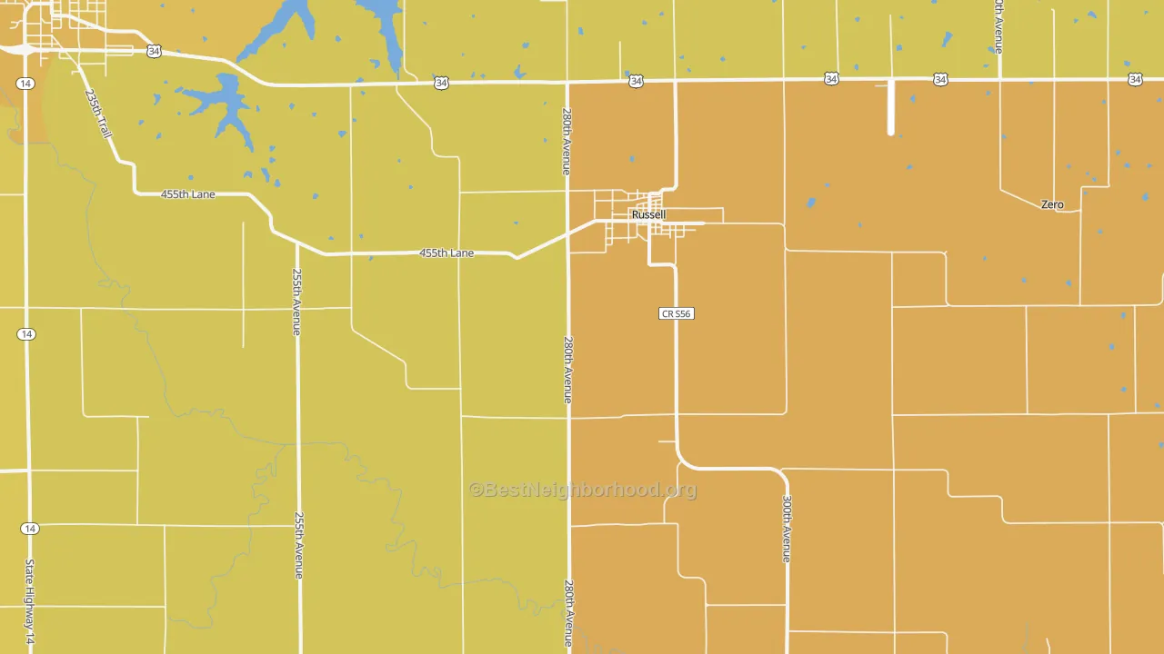Map of the best neighborhoods in the Russell area, with better matches in green and worse matches in red