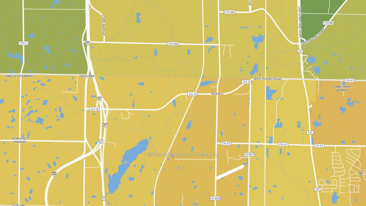 Map of the best neighborhoods in the Russell area, with better matches in green and worse matches in red