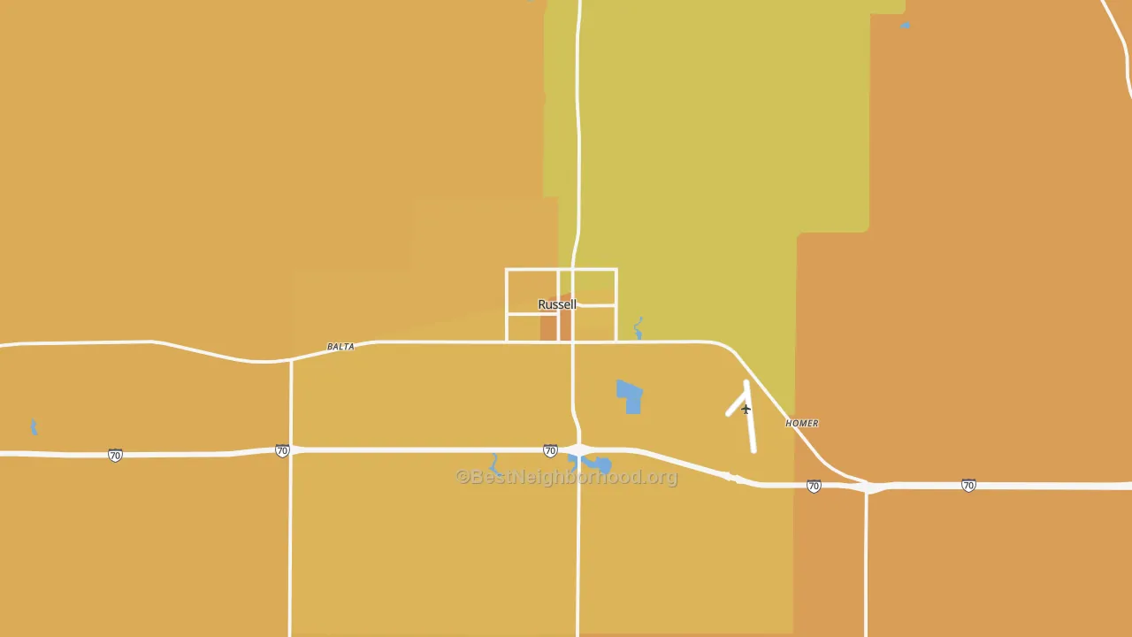 Map of the best neighborhoods in the Russell area, with better matches in green and worse matches in red
