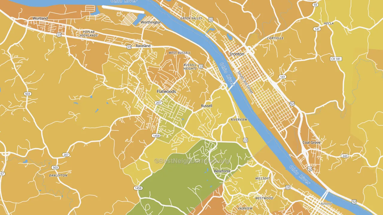 Map of the best neighborhoods in the Russell area, with better matches in green and worse matches in red