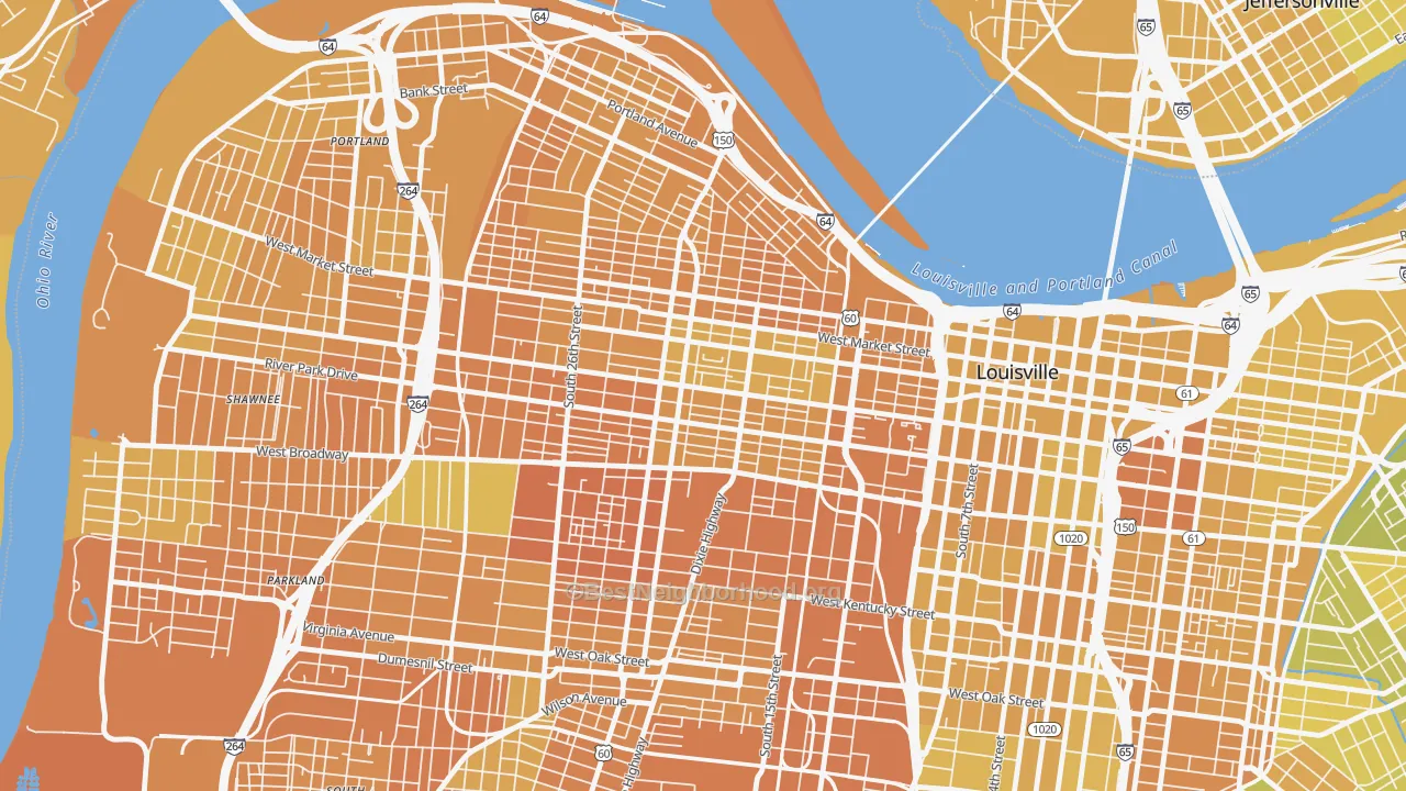 Map of the best neighborhoods in the Russell, Louisville area, with better matches in green and worse matches in red