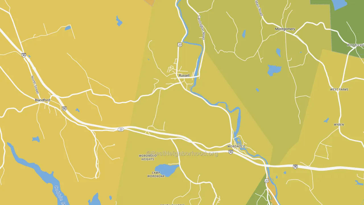 Map of the best neighborhoods in the Russell area, with better matches in green and worse matches in red