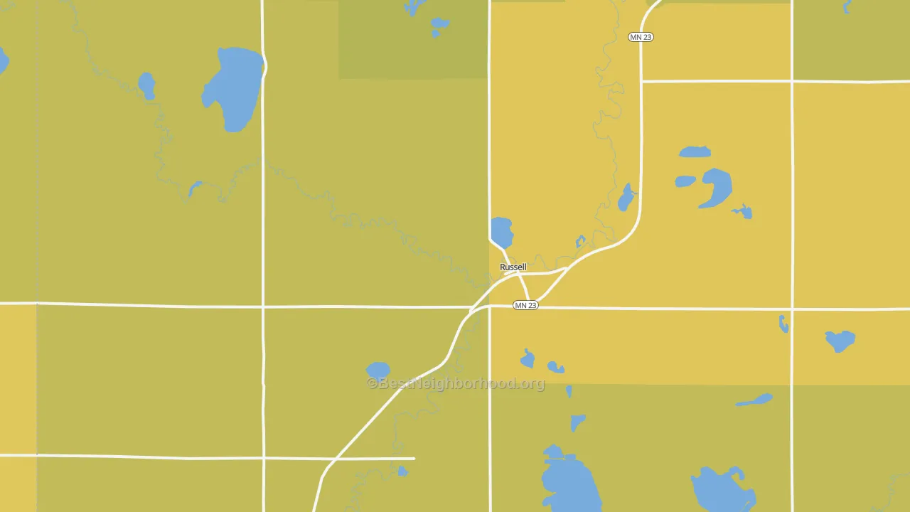 Map of the best neighborhoods in the Russell area, with better matches in green and worse matches in red