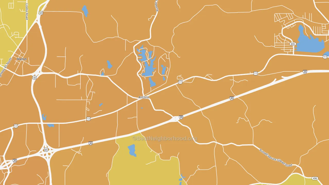 Map of the best neighborhoods in the Russell area, with better matches in green and worse matches in red