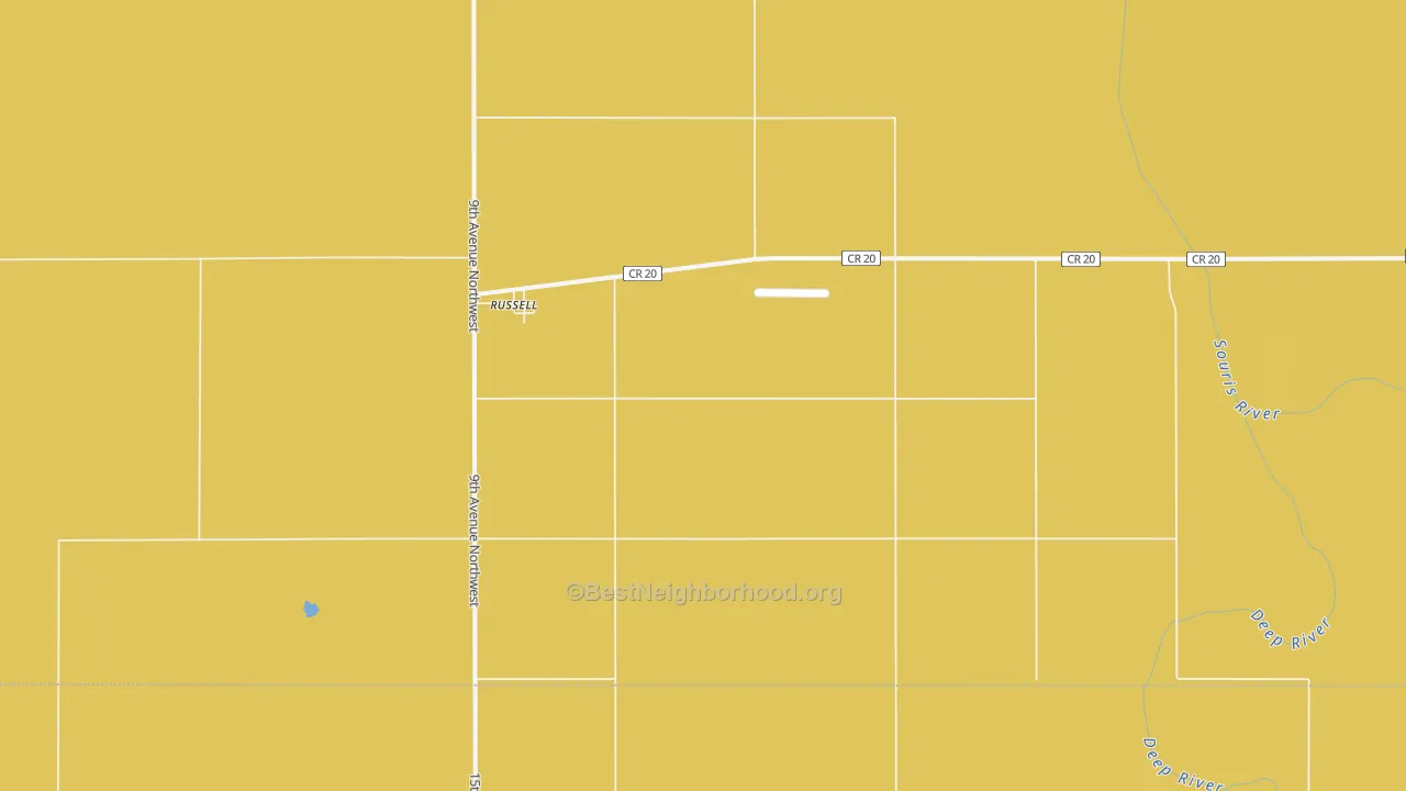 Map of the best neighborhoods in the Russell area, with better matches in green and worse matches in red