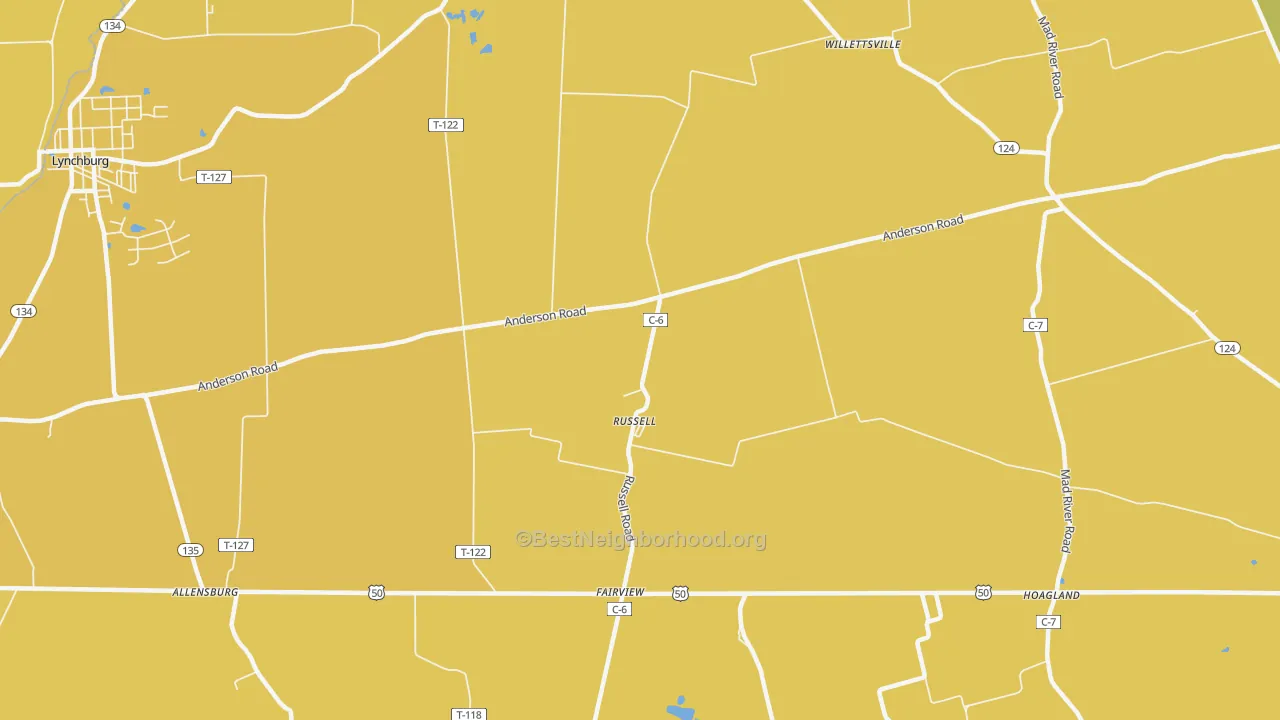 Map of the best neighborhoods in the Russell area, with better matches in green and worse matches in red