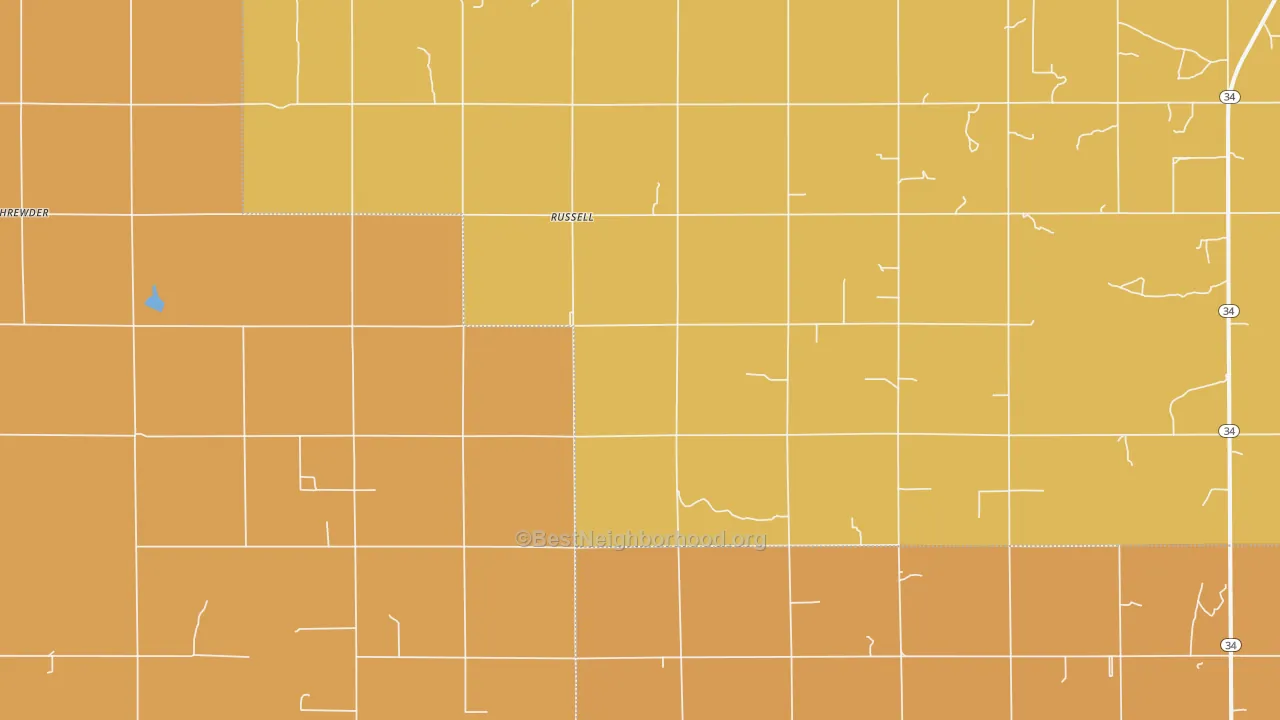 Map of the best neighborhoods in the Russell area, with better matches in green and worse matches in red