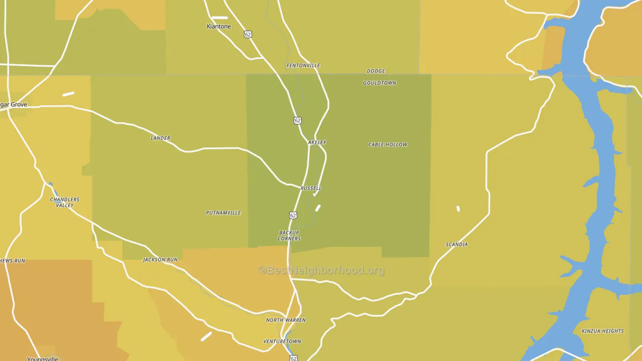 Map of the best neighborhoods in the Russell area, with better matches in green and worse matches in red