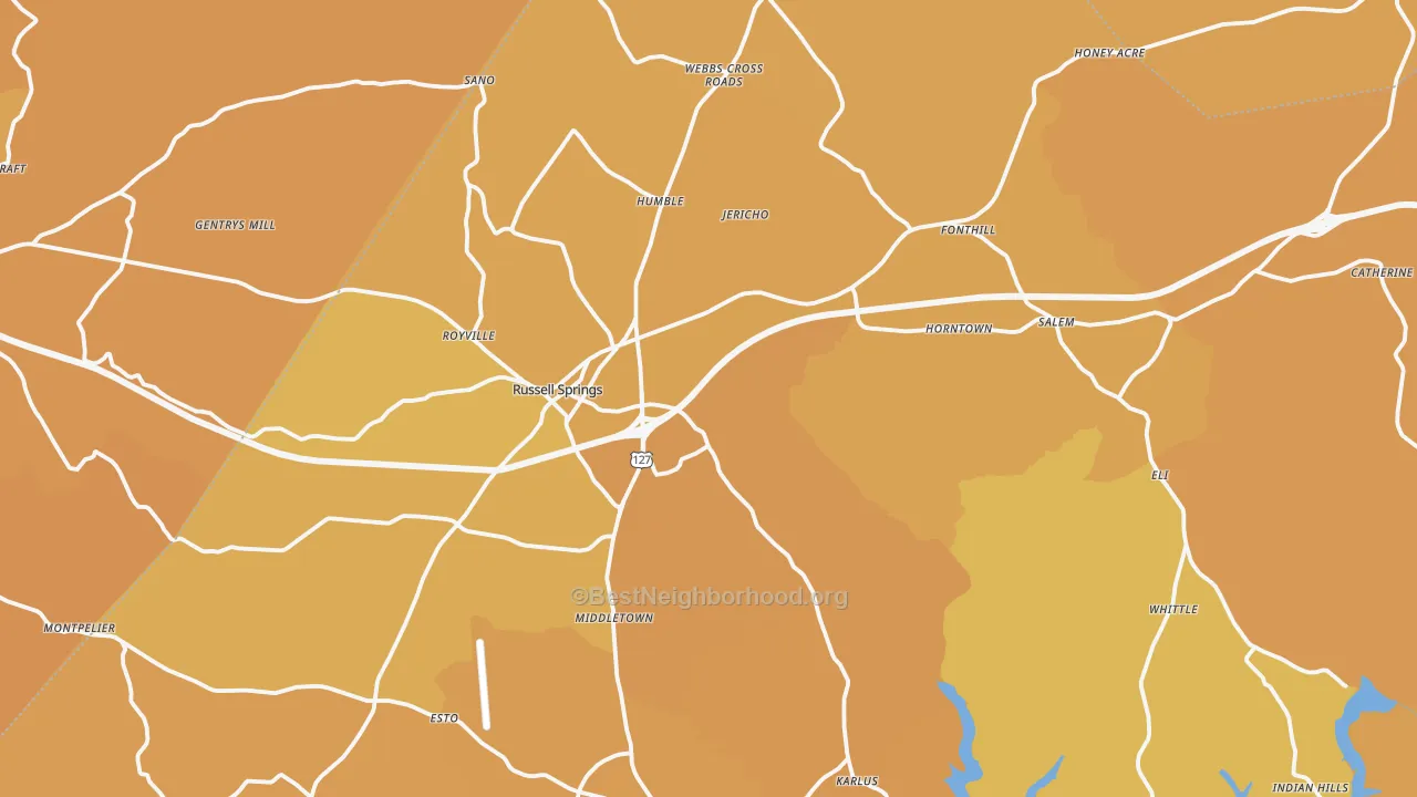 Map of the best neighborhoods in the Russell Springs area, with better matches in green and worse matches in red