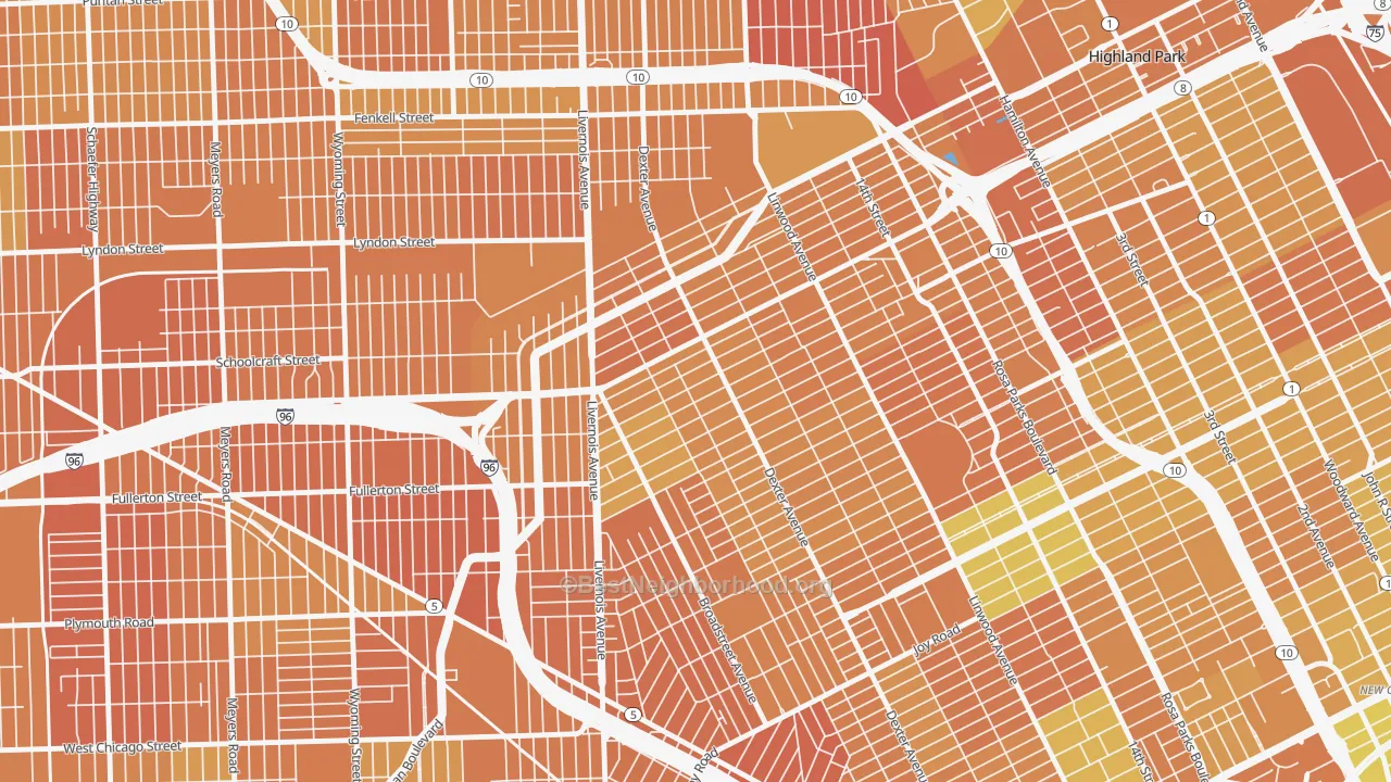 Map of the best neighborhoods in the Russell Woods, Detroit area, with better matches in green and worse matches in red