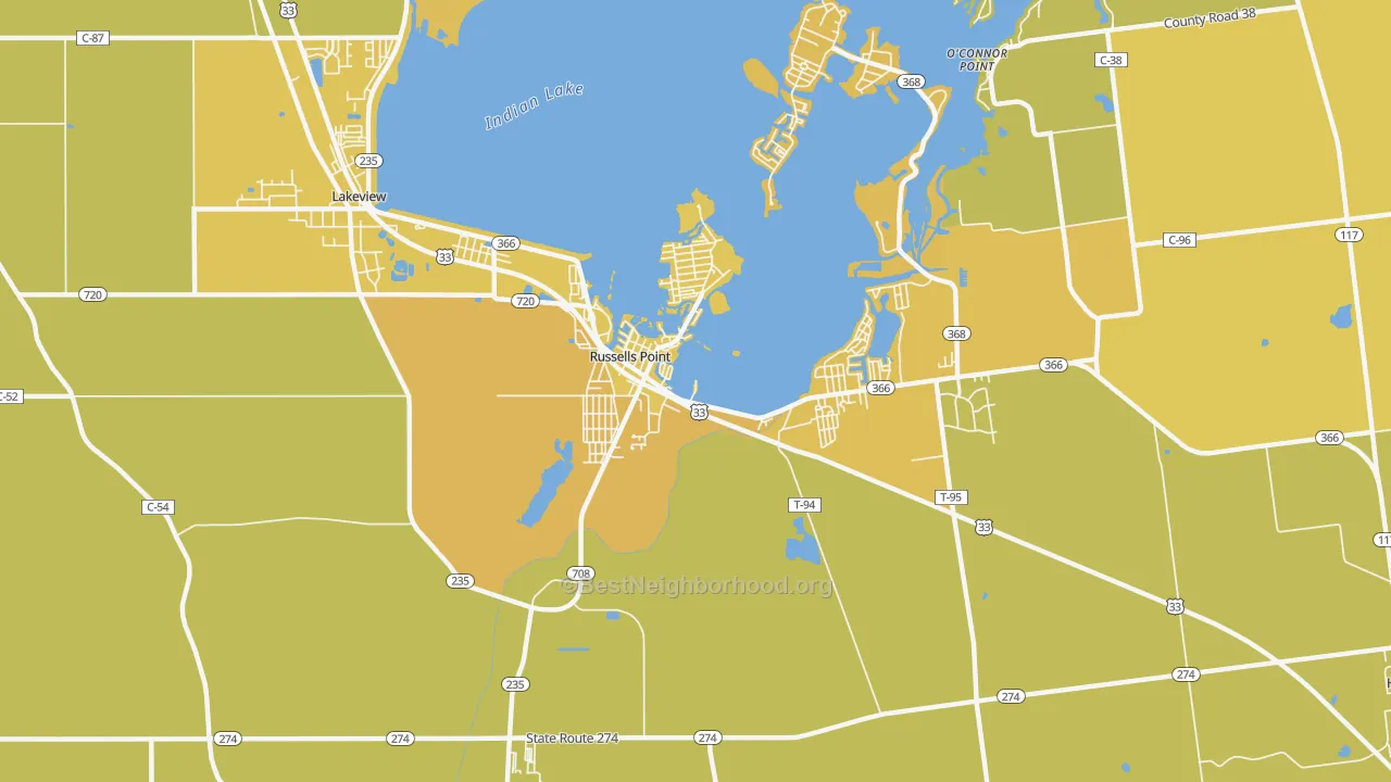 Map of the best neighborhoods in the Russells Point area, with better matches in green and worse matches in red