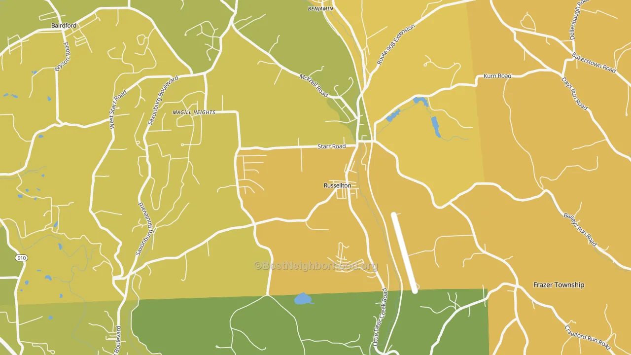 Map of the best neighborhoods in the Russellton area, with better matches in green and worse matches in red