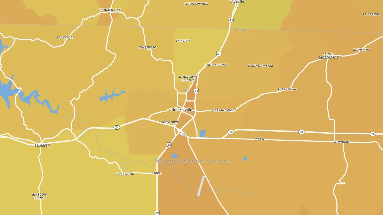 Map of the best neighborhoods in the Russellville area, with better matches in green and worse matches in red