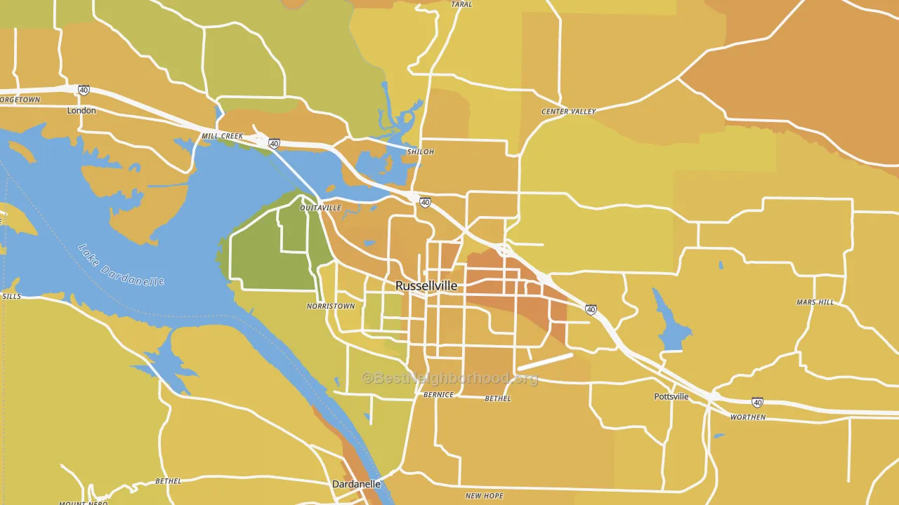 Map of the best neighborhoods in the Russellville area, with better matches in green and worse matches in red