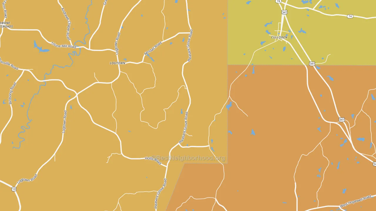 Map of the best neighborhoods in the Russellville area, with better matches in green and worse matches in red