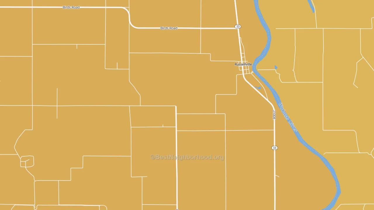 Map of the best neighborhoods in the Russellville area, with better matches in green and worse matches in red