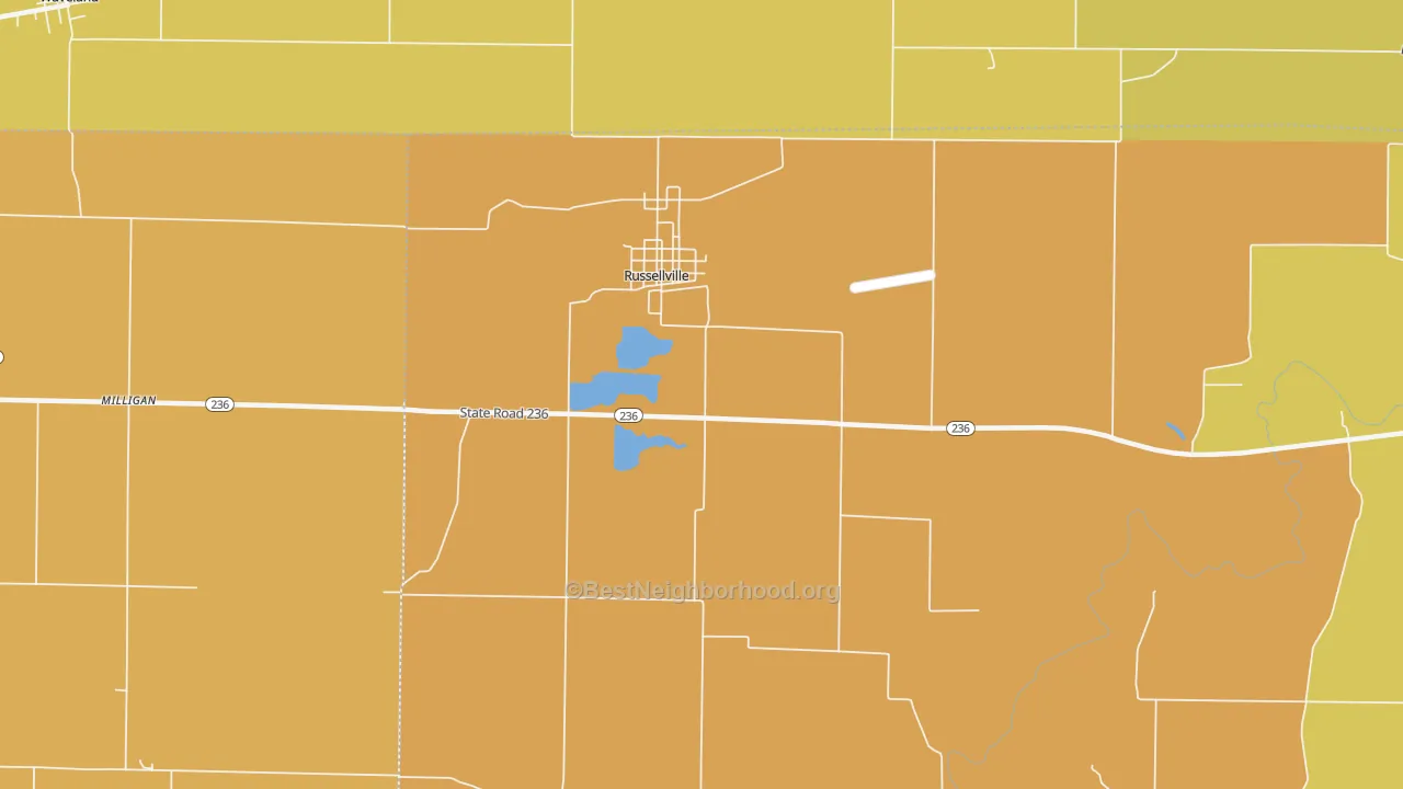 Map of the best neighborhoods in the Russellville area, with better matches in green and worse matches in red