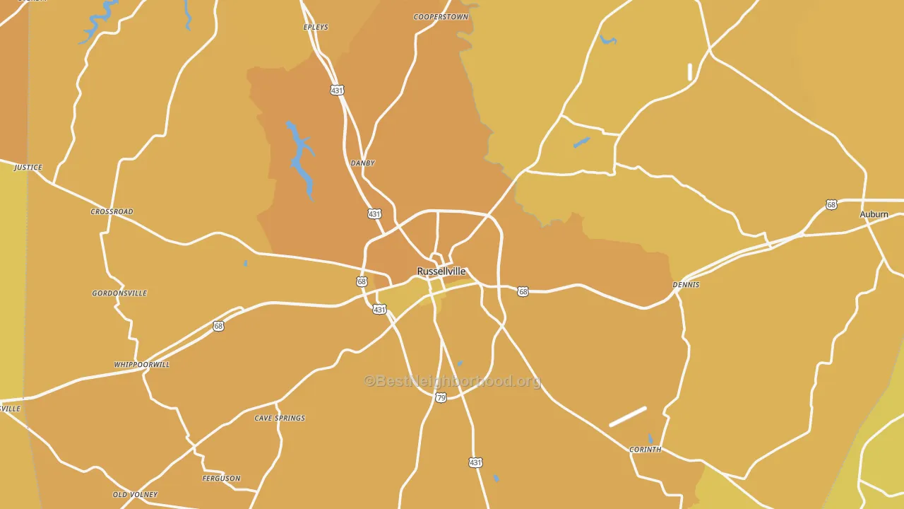 Map of the best neighborhoods in the Russellville area, with better matches in green and worse matches in red