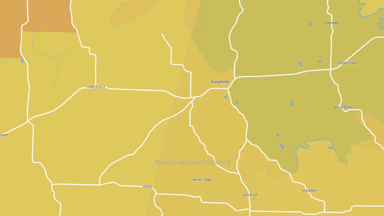 Map of the best neighborhoods in the Russellville area, with better matches in green and worse matches in red
