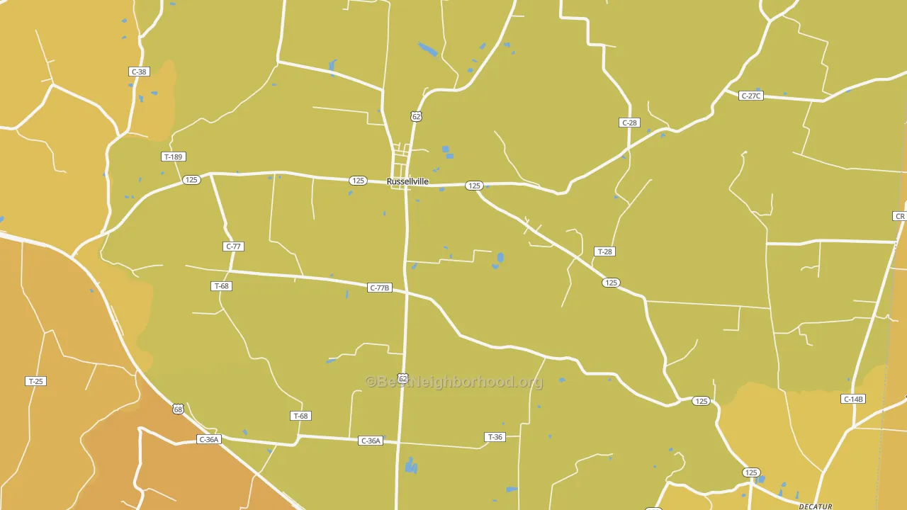 Map of the best neighborhoods in the Russellville area, with better matches in green and worse matches in red