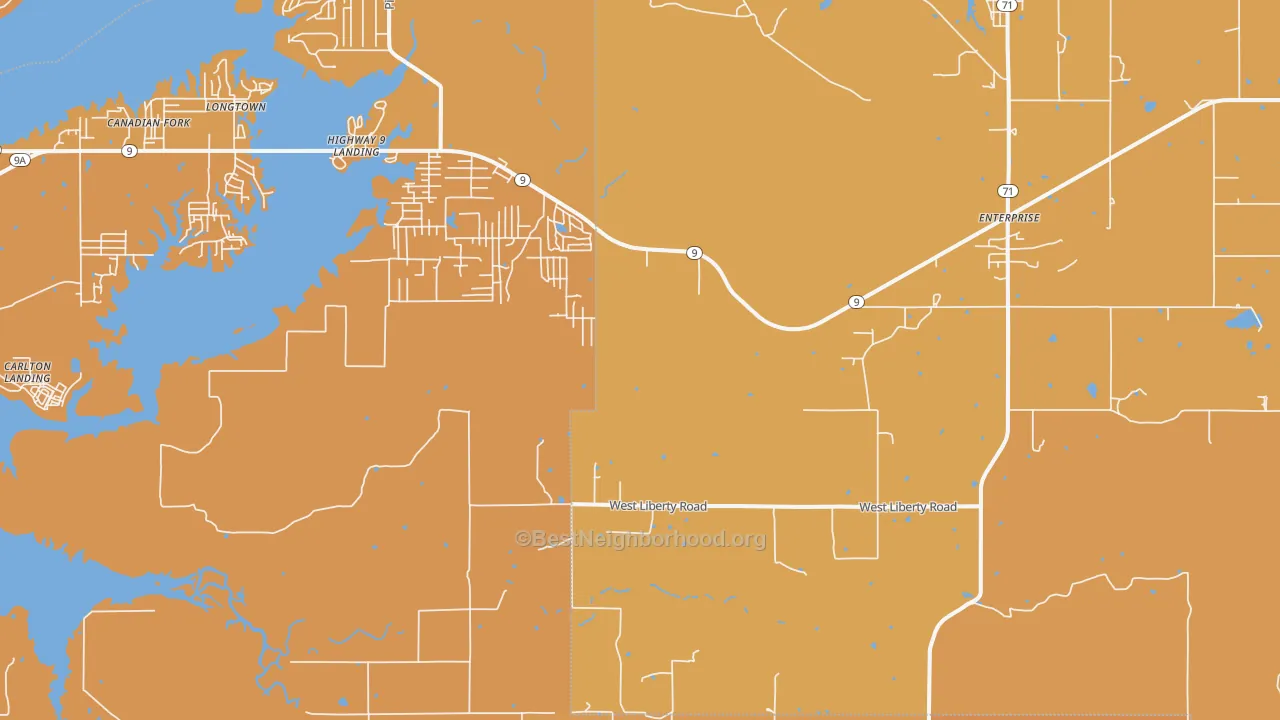 Map of the best neighborhoods in the Russellville area, with better matches in green and worse matches in red