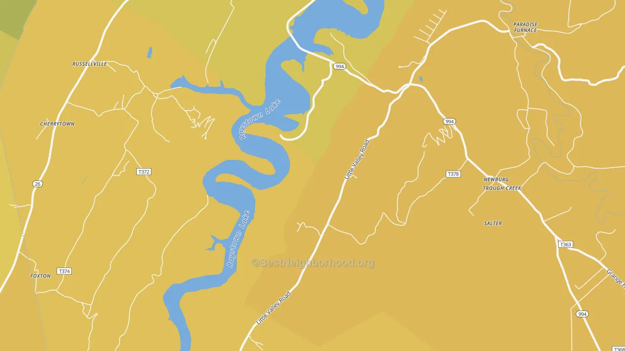 Map of the best neighborhoods in the Russellville area, with better matches in green and worse matches in red
