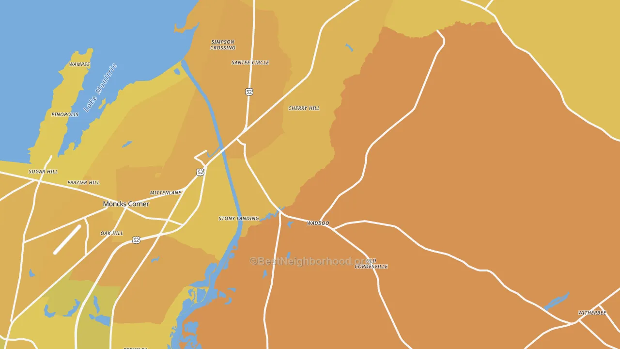 Map of the best neighborhoods in the Russellville area, with better matches in green and worse matches in red