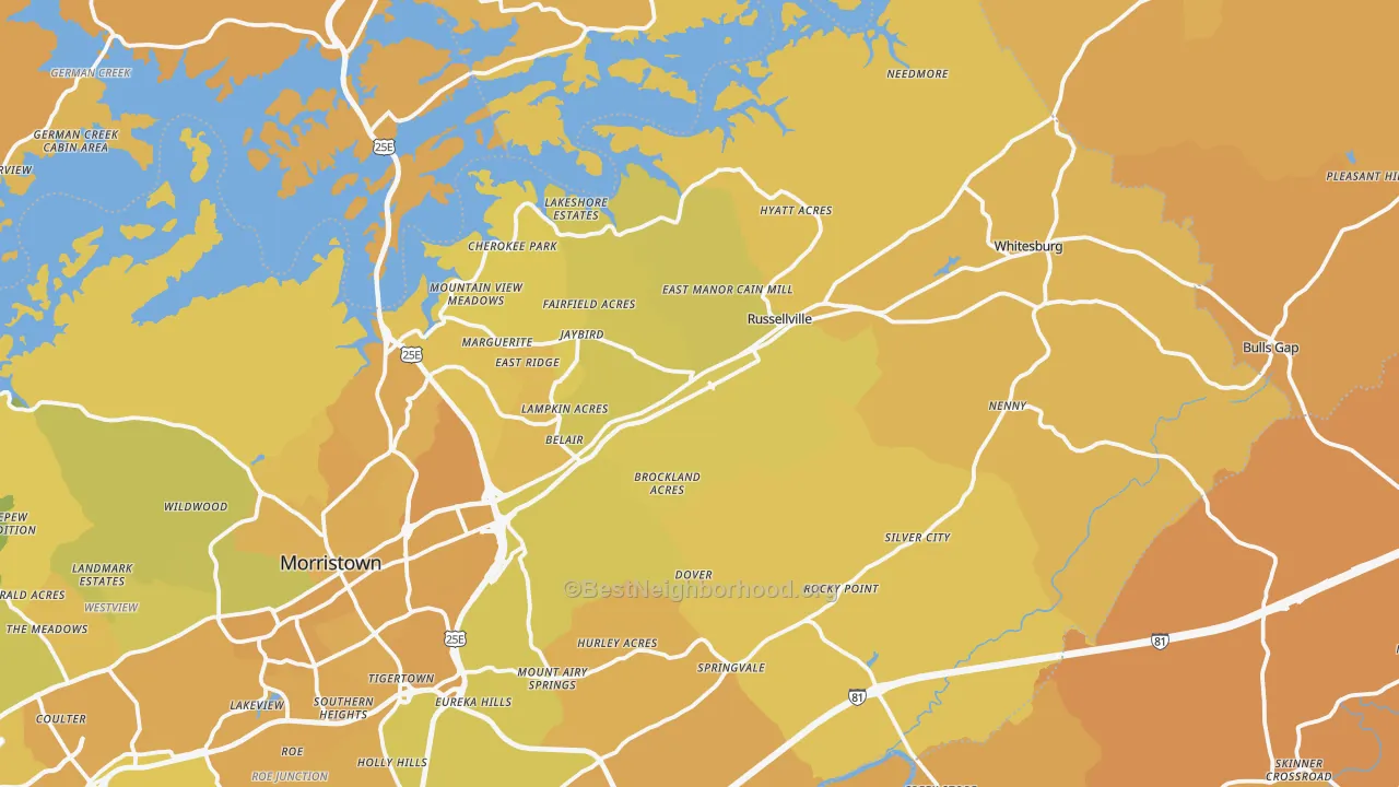 Map of the best neighborhoods in the Russellville area, with better matches in green and worse matches in red