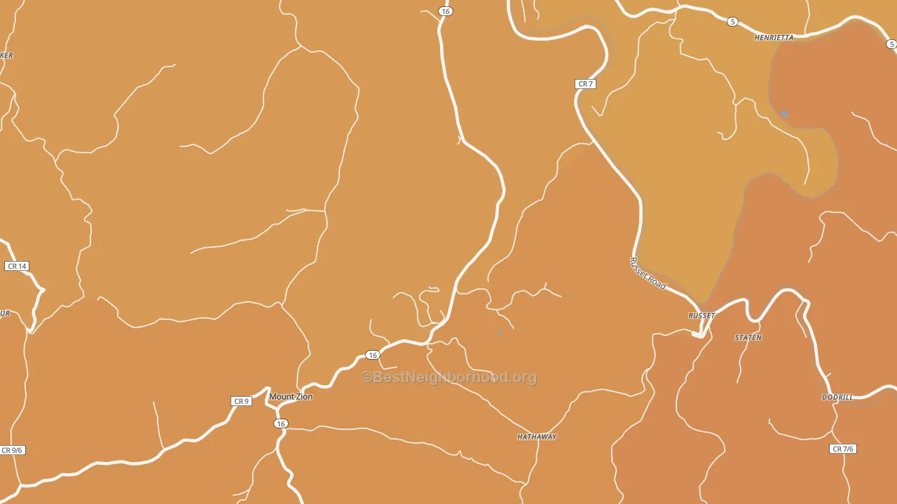 Map of the best neighborhoods in the Russet area, with better matches in green and worse matches in red