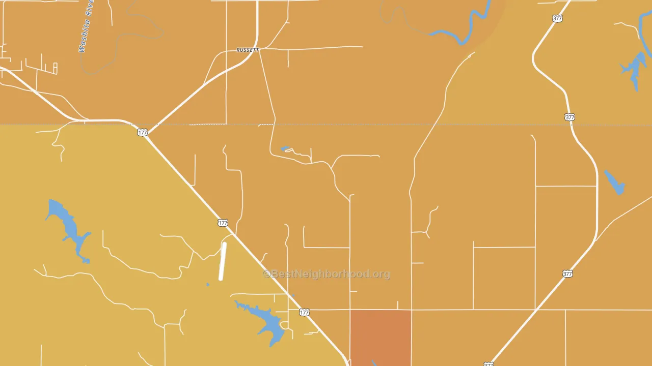 Map of the best neighborhoods in the Russett area, with better matches in green and worse matches in red