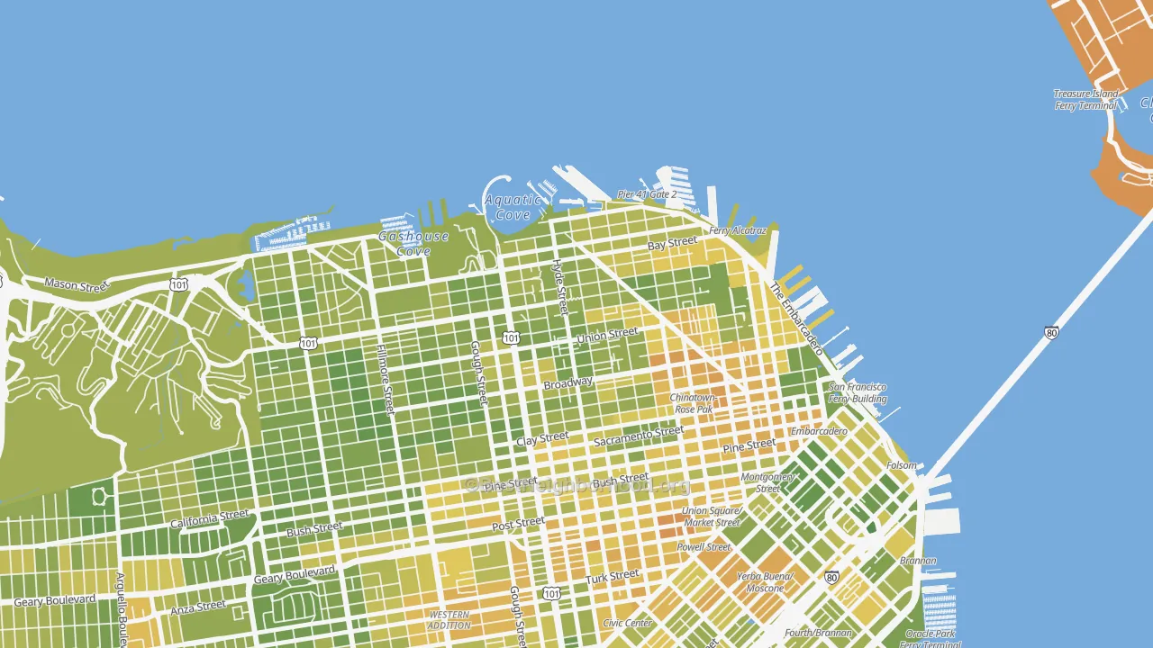 Map of the best neighborhoods in the Russian Hill, San Francisco area, with better matches in green and worse matches in red